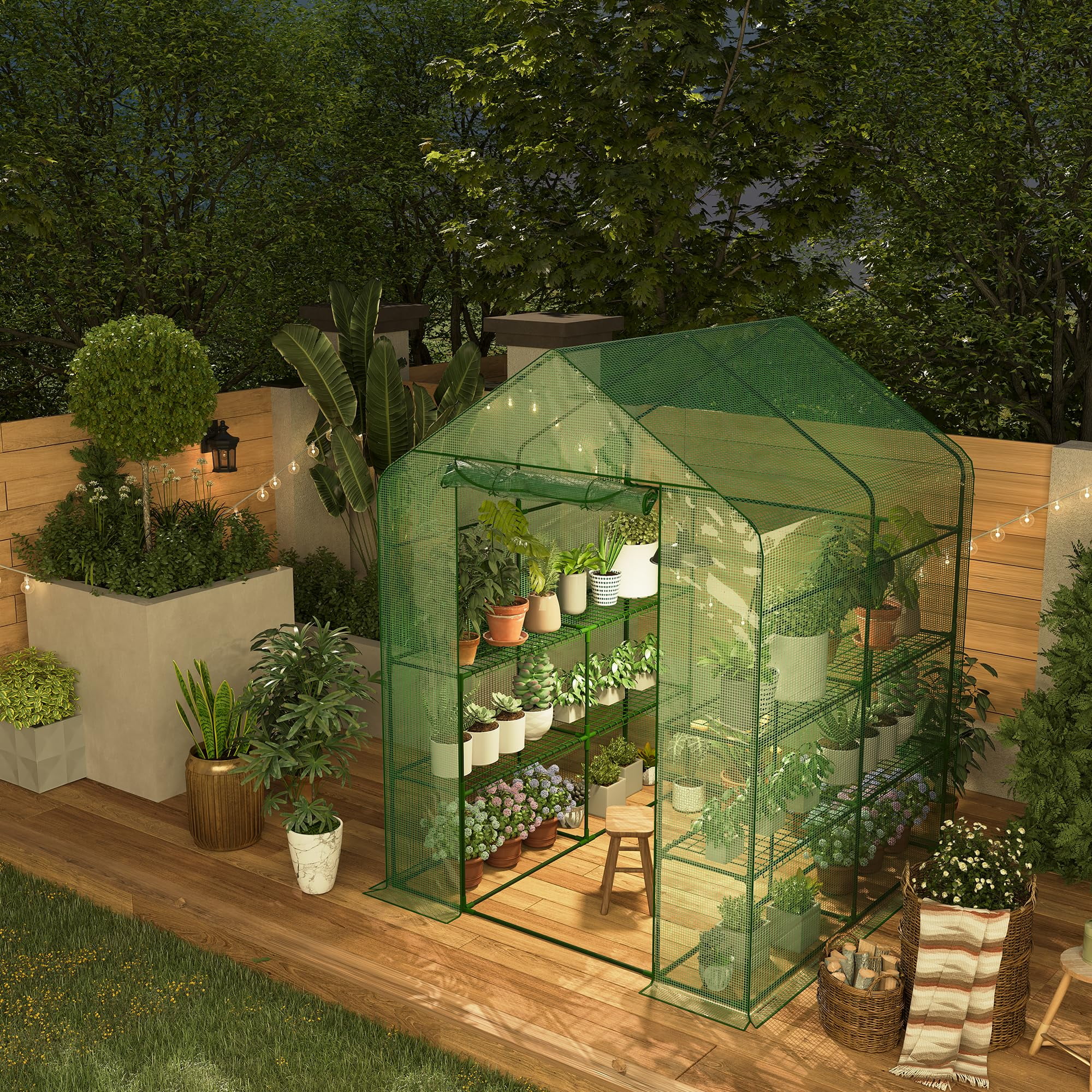 Mini Walk-in Greenhouse with PE Cover, 4-Shelf Indoor Outdoor Plant House for Garden Backyard, 56"x56"x77", Green