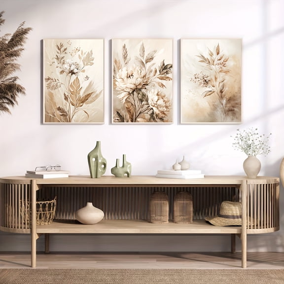 Art Deco Modern Glam Set of 3 Floral Canvas Art Prints, Spring Summer Botanical Landscape Painting Posters, Frameless Portrait Orientation, Ideal for Home Office, Living Room, Bedroom, Restaurant &