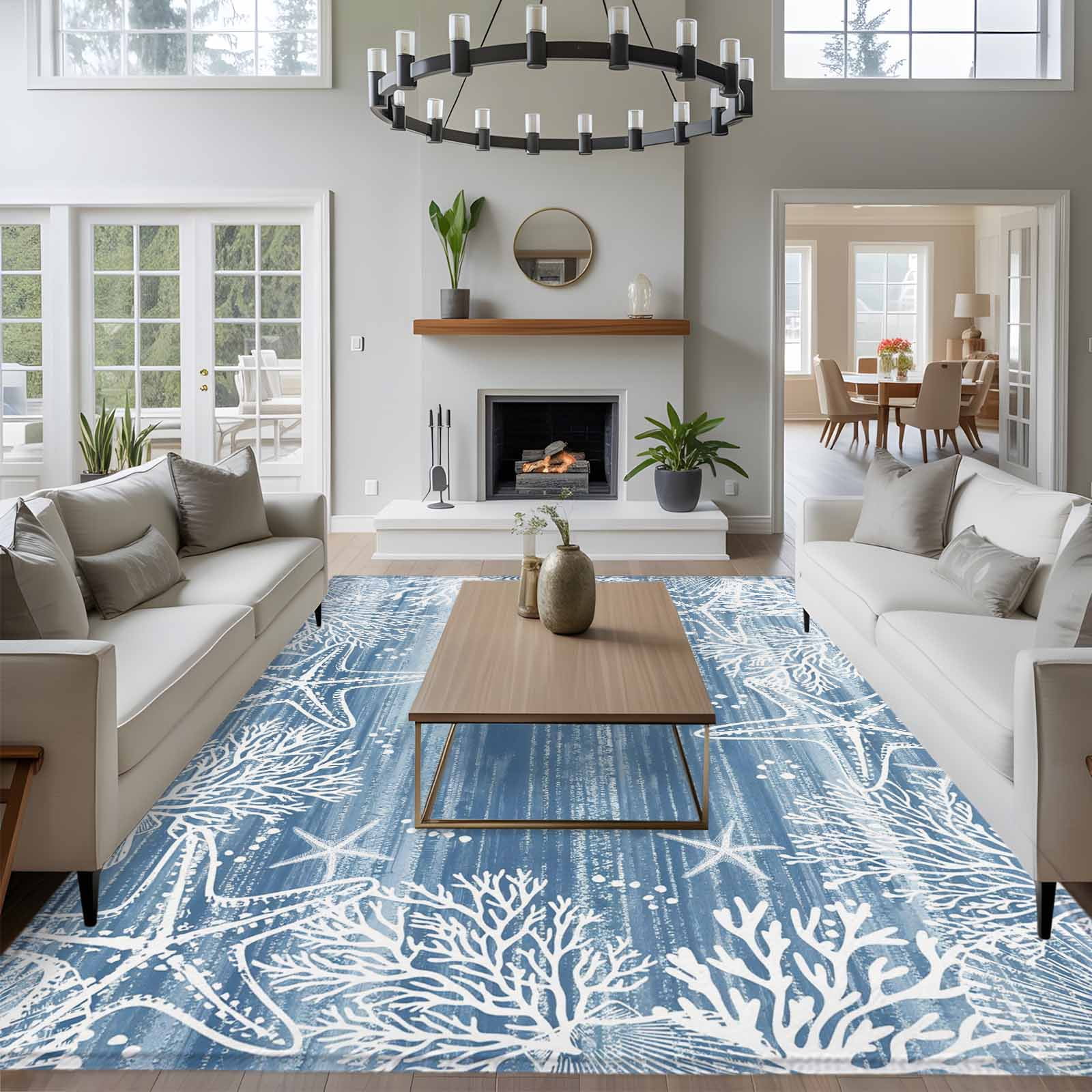 Blue Coastal Nautical Area Rugs 8'x10', Washable Small Throw Rugs for Living Room Patio, Summer Ocean Sea Waves Starfish Coral Indoor Outdoor Rug Non-Slip Low Pile Carpet Runner Reversible Floor Mats
