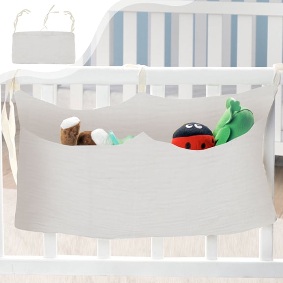 Bedside Caddy with Double Pockets and Bottle Holder, Multifunctional Hanging Organizer for Bed, Crib, Stroller - White, 15.75x7.87x0.39 Inches