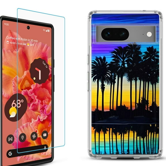 OneToughShield ® for Google Pixel 7a Shockproof Bumper Phone Case, with Tempered Glass Screen Protector - Palmtree
