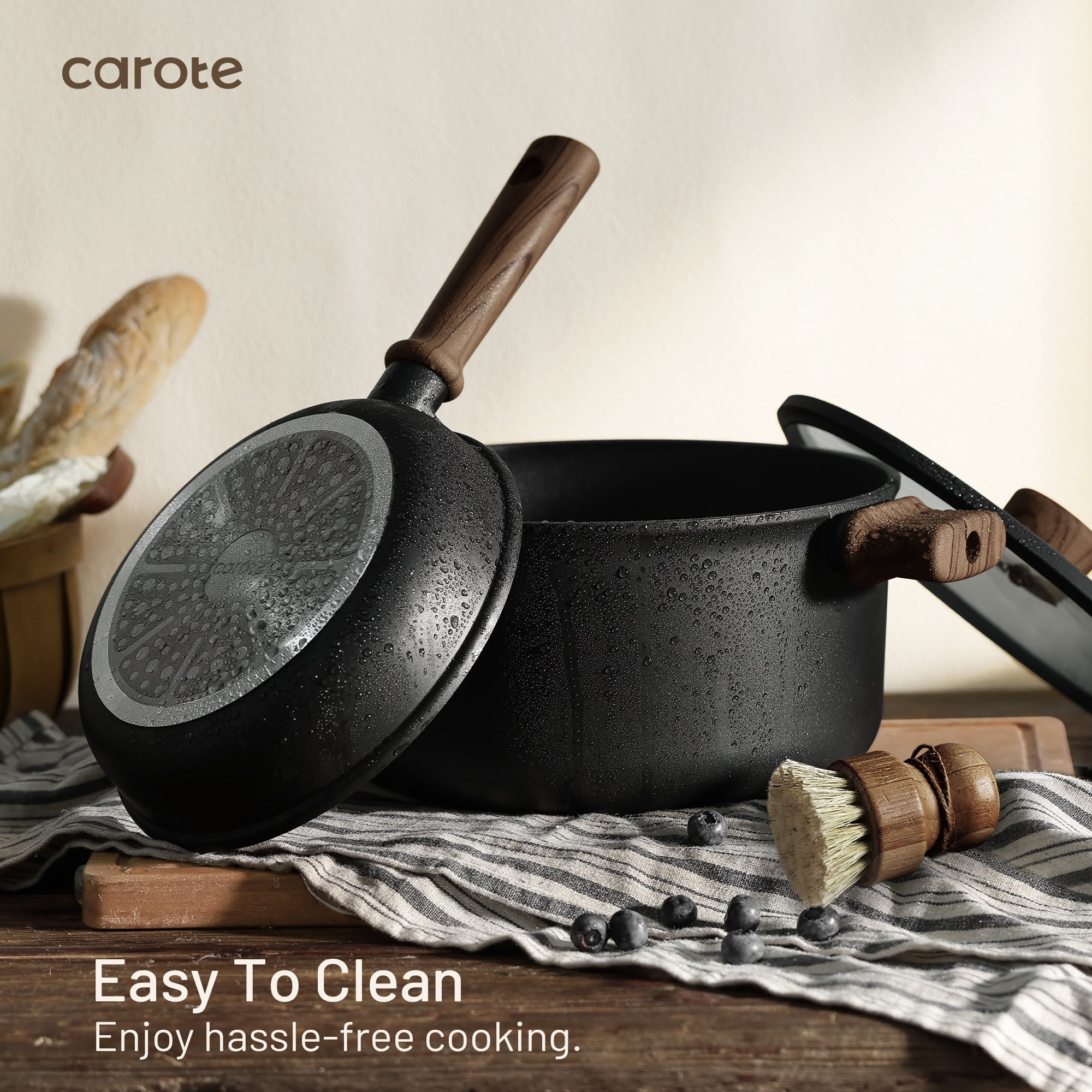 Carote Nonstick Cookware Sets, 15 Pcs Granite Non Stick Pots and Pans Set, Induction Cookware, Black