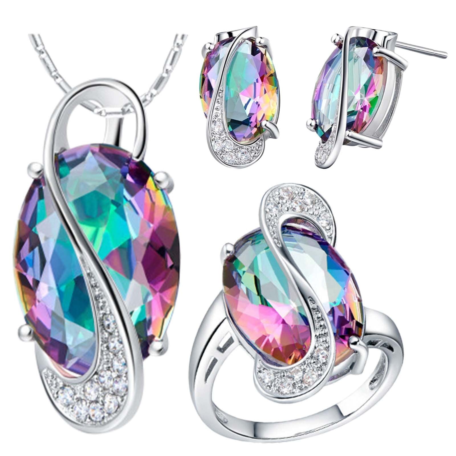 Seven Rainbow Zircon Women Fashion Trend Full Diamond Zircon Ring Earrings Necklace Ladies Jewelry Set Diamond Rings for Women Size 6 10 alloy Multicolor