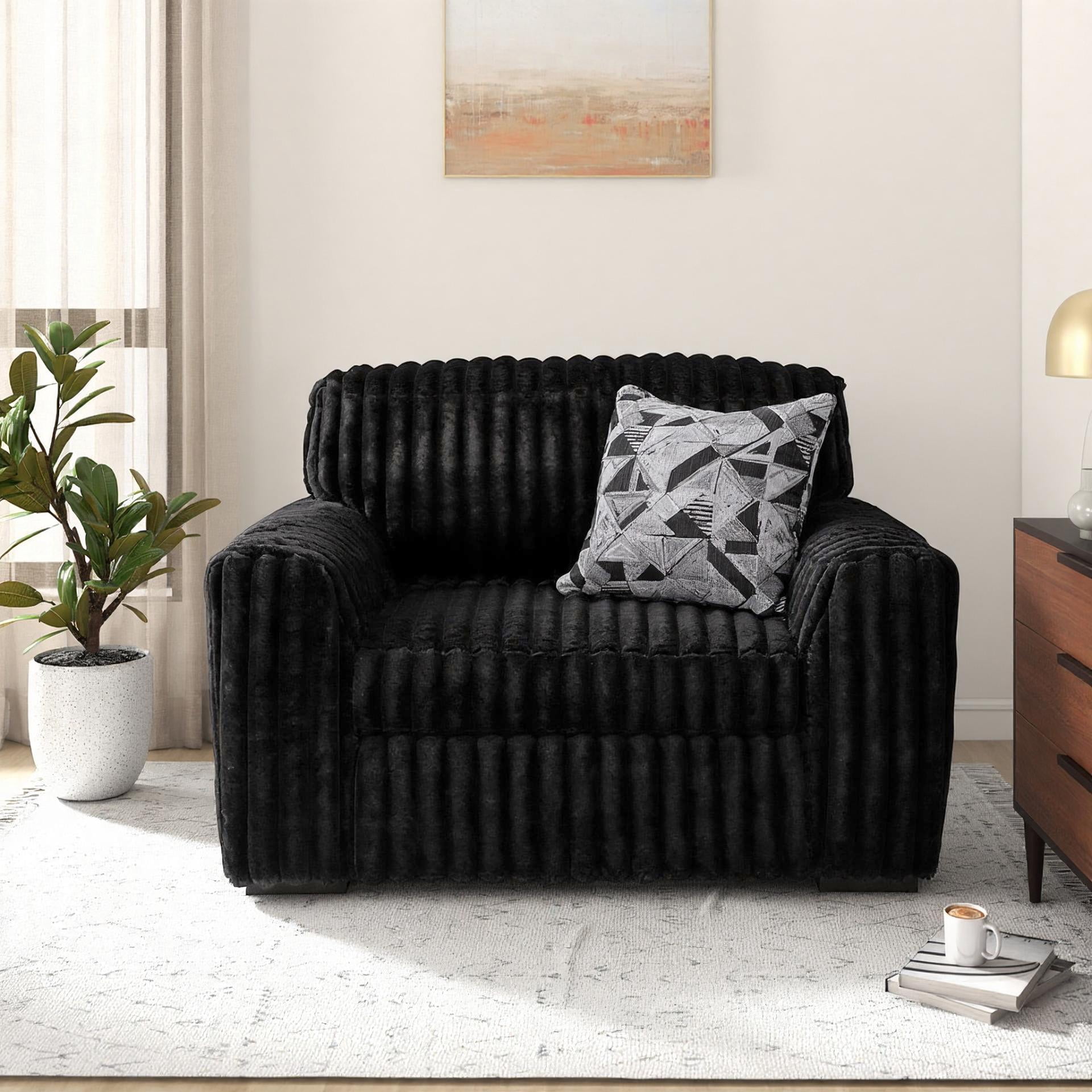 Roundhill Furniture Solenne Oversized Chair and a Half with Jumbo Corduroy Upholstery, Reversible Cushion, and Accent Pillow, Black
