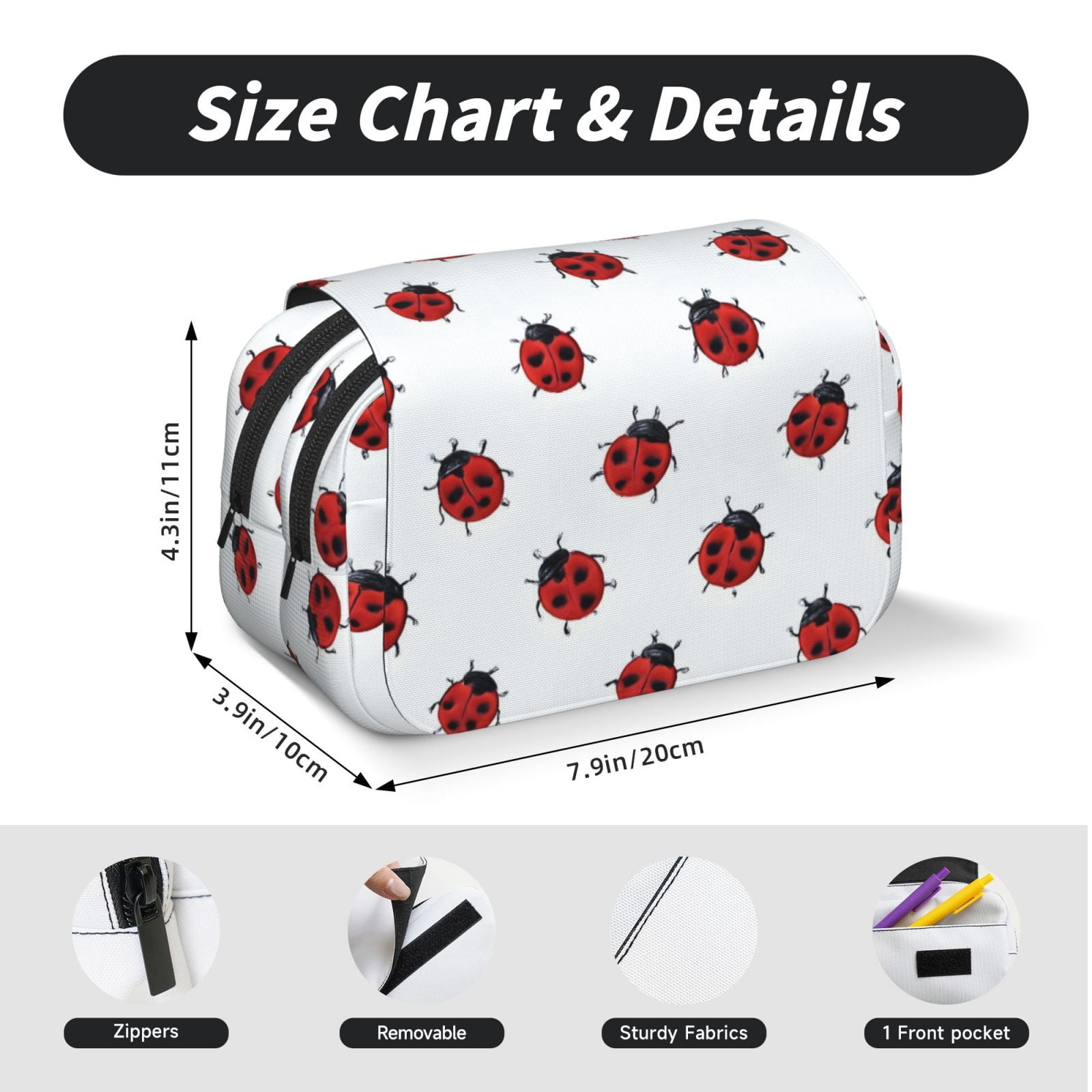 Large-Capacity Flip-Top Double-Layer Pencil Case, Multi-Functional Pocket Pen Case, Durable Stationery Organizer Ladybug On An White Background (6)