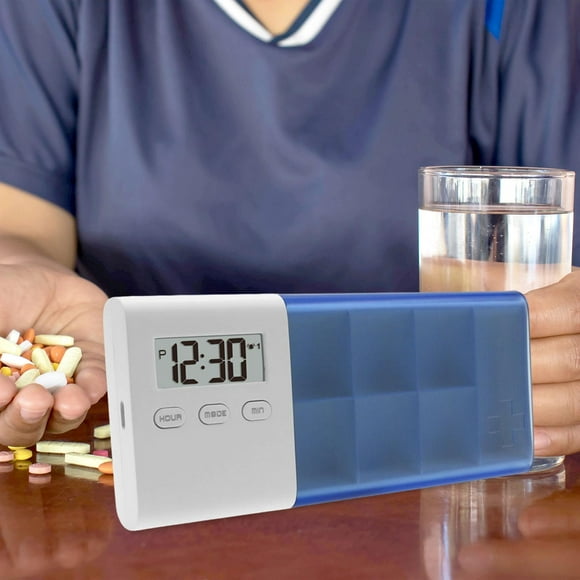 Pastillero de viaje con alarma y recordatorio, gran capacidad, portátil, a prueba de polvo, electrónico, para mochileros y acampadas. Azul