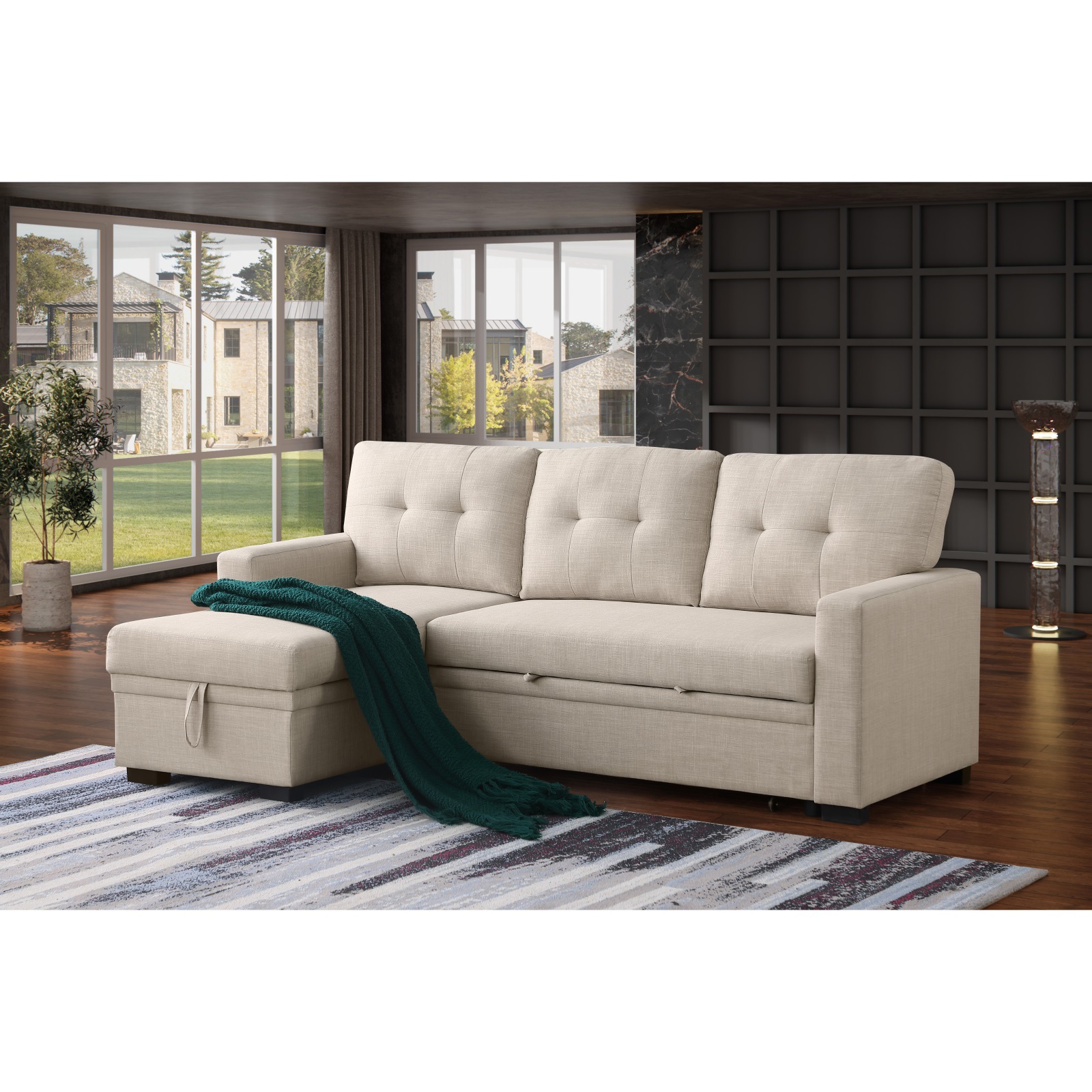 Hommoo 2 in 1 Pull Out Upholstered Sectional Sofa Bed with Storage & Chaise, Convertible L Shaped Sleeper Sofa for Home,Beige