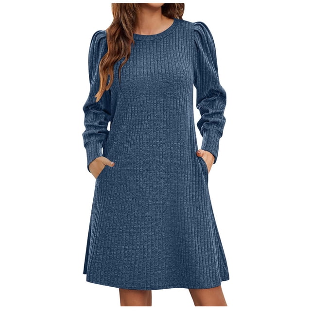 cfhntfmh Robe Tricotée pour Femmes Manches Longues Bouffantes Automne Slim Côtelée Col Rond Tunique Décontractée avec Poches