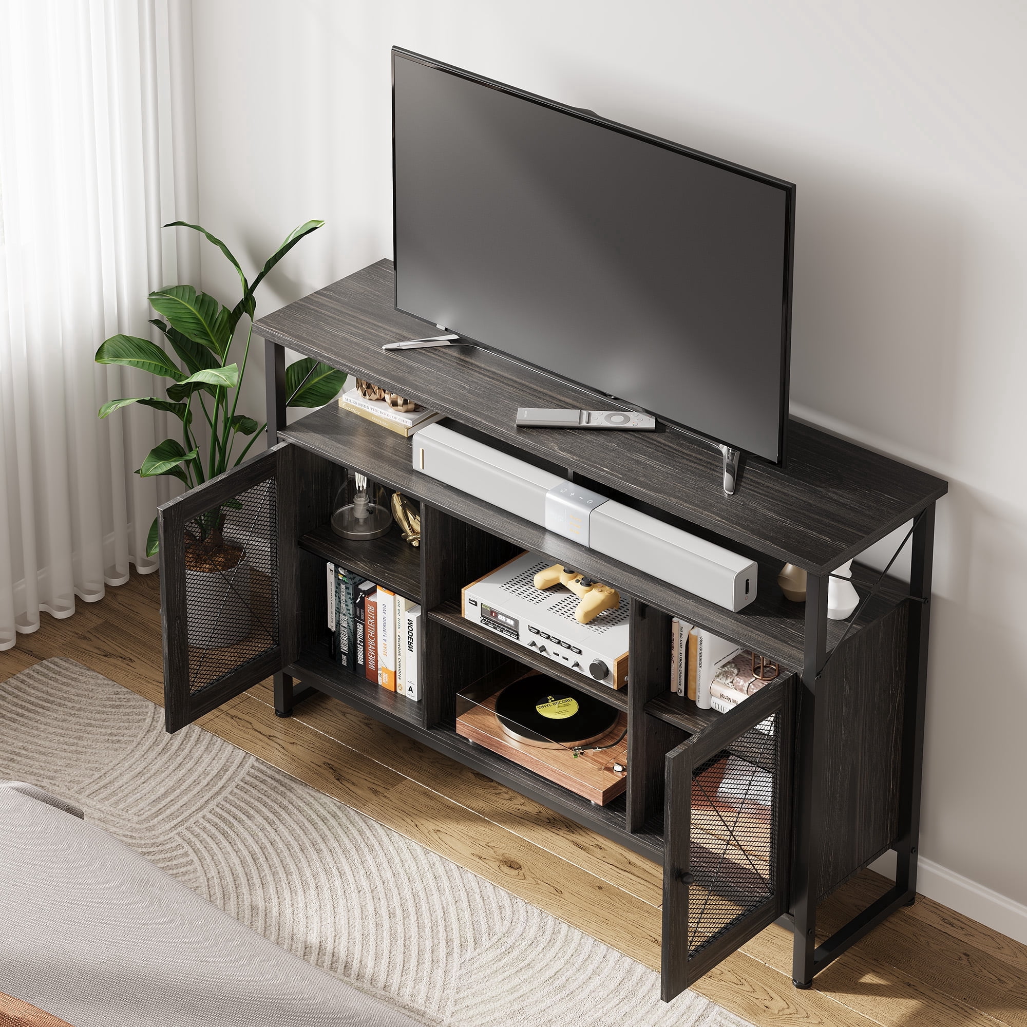 GALAXHERO Tall TV Stand for TVs up to 55", Farmhouse Industrial Entertainment Center with Storage, Media Console for Living Room Bedroom Charcoal Black