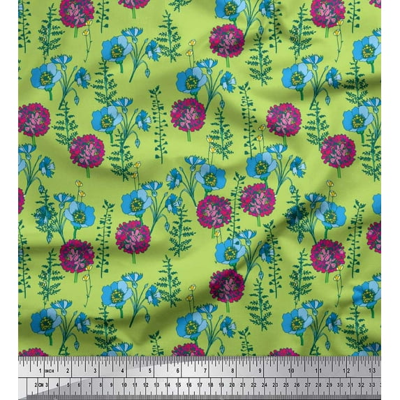 Soimoi Green Cotton Duck Fabric Leaves,Buttercup & Peony Floral Print Fabric by the Yard 56 Inch Wide