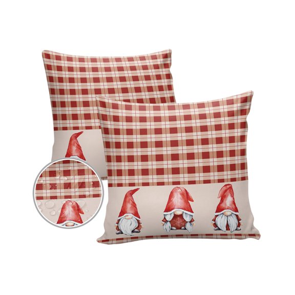 Pack of 2 Outdoor Pillow Covers, Christmas Gnome Red Plaid Background Waterproof Square Throw Pillowcase Cushion Decorative Pillow Covers for Couch Patio Tent, 18x18 in