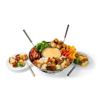 Nostalgia 10-Ounce Electric Fondue Party Set for Melted Chocolate, Cheese, Sauce, or Broth, with 3-Section Food Tray and 4 Dipping Forks, Stainless Steel