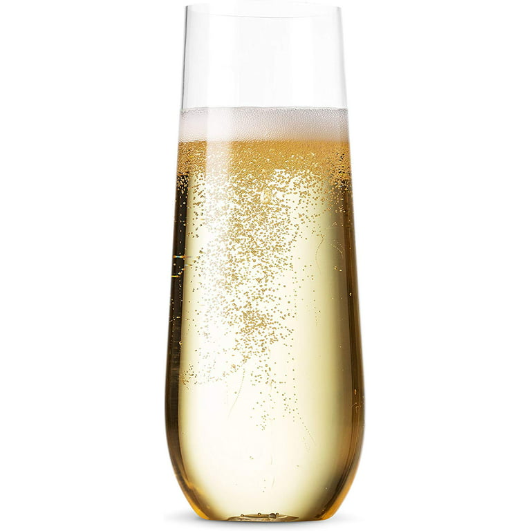 N9R 12 Pack Plastic Champagne Flutes, 9 oz Stemless Disposable Gold Rim Toasting Glasses, Crystal Clear Cocktail Cups Drinkware Shatterproof Ideal