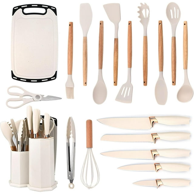 Kitchen Utensil Set, Kitchen Knife Set with Block & 11 PCS Cooking Utensils Set,Heat Resistant Silicone Utensils, 6 Piece Sharp Stainless Steel Chef Knives with Whisk and Cutting Board (White)