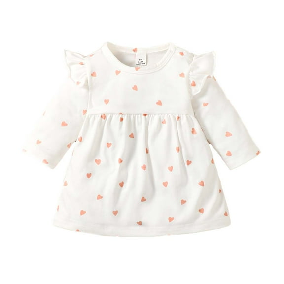 1 Months Baby Girls Dress 3 Months Girls Long Sleeve Dress Round Neck Heart Print Newborn Girls Dress White