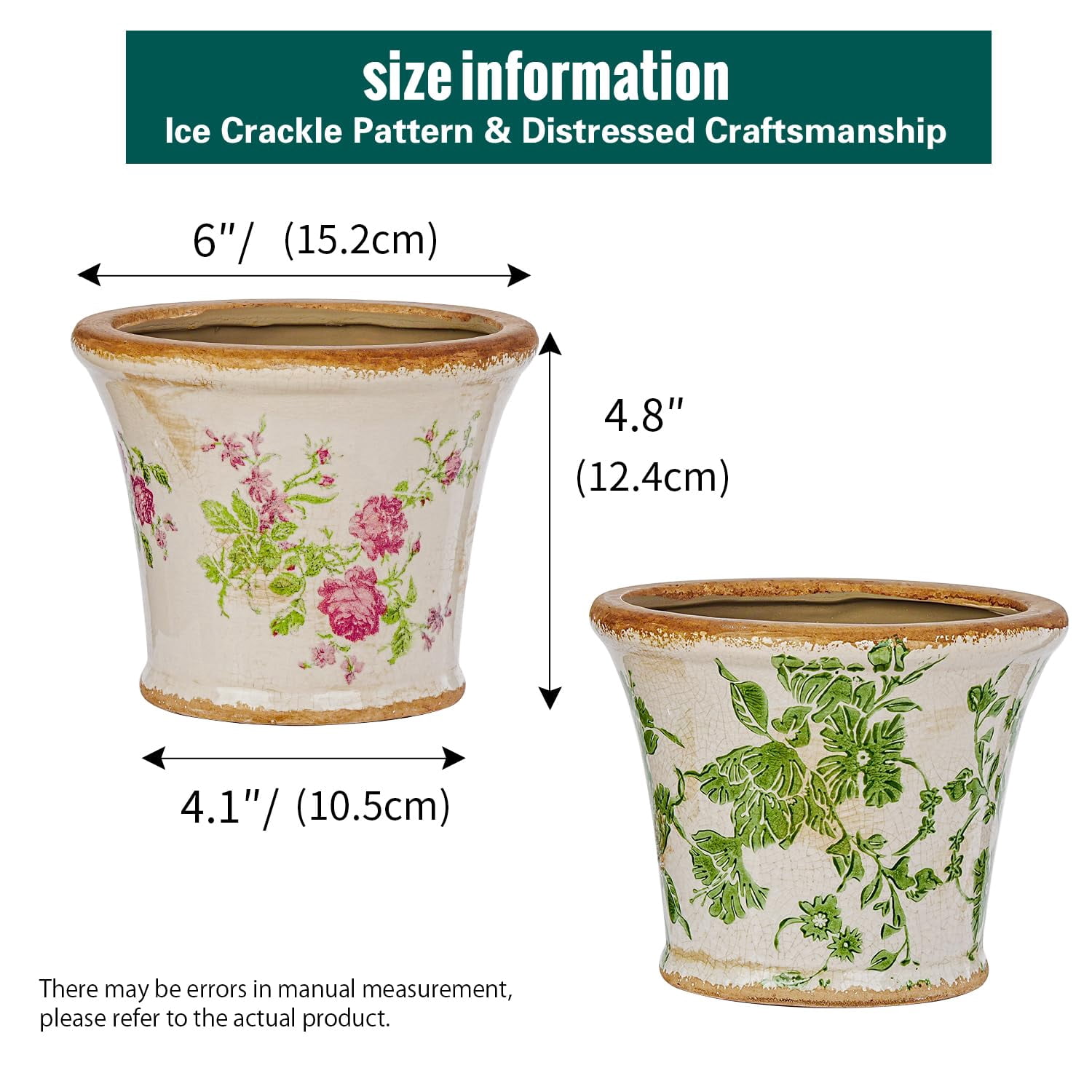 Sungmor Set of 2 Vintage Ceramic Flower Pots with Drainage Hole - Rustic Farmhouse Planters with Crackle Glaze & Floral Prints - Indoor Outdoor Decorative Plant Pots for Succulents, Herbs, Flowers