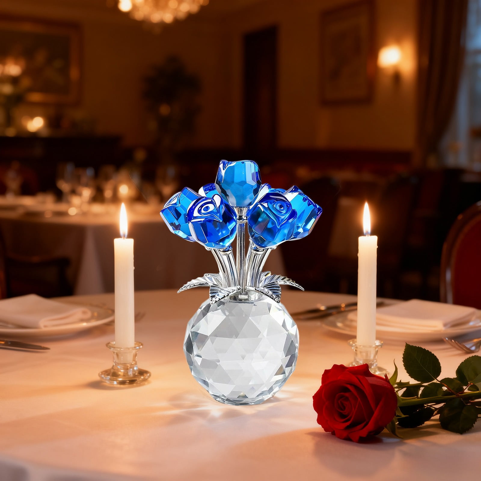 Blue Crystal Glass Rose Bouquet Decorative Ornament Blue For Home Table Shelf Wedding Anniversary Decor