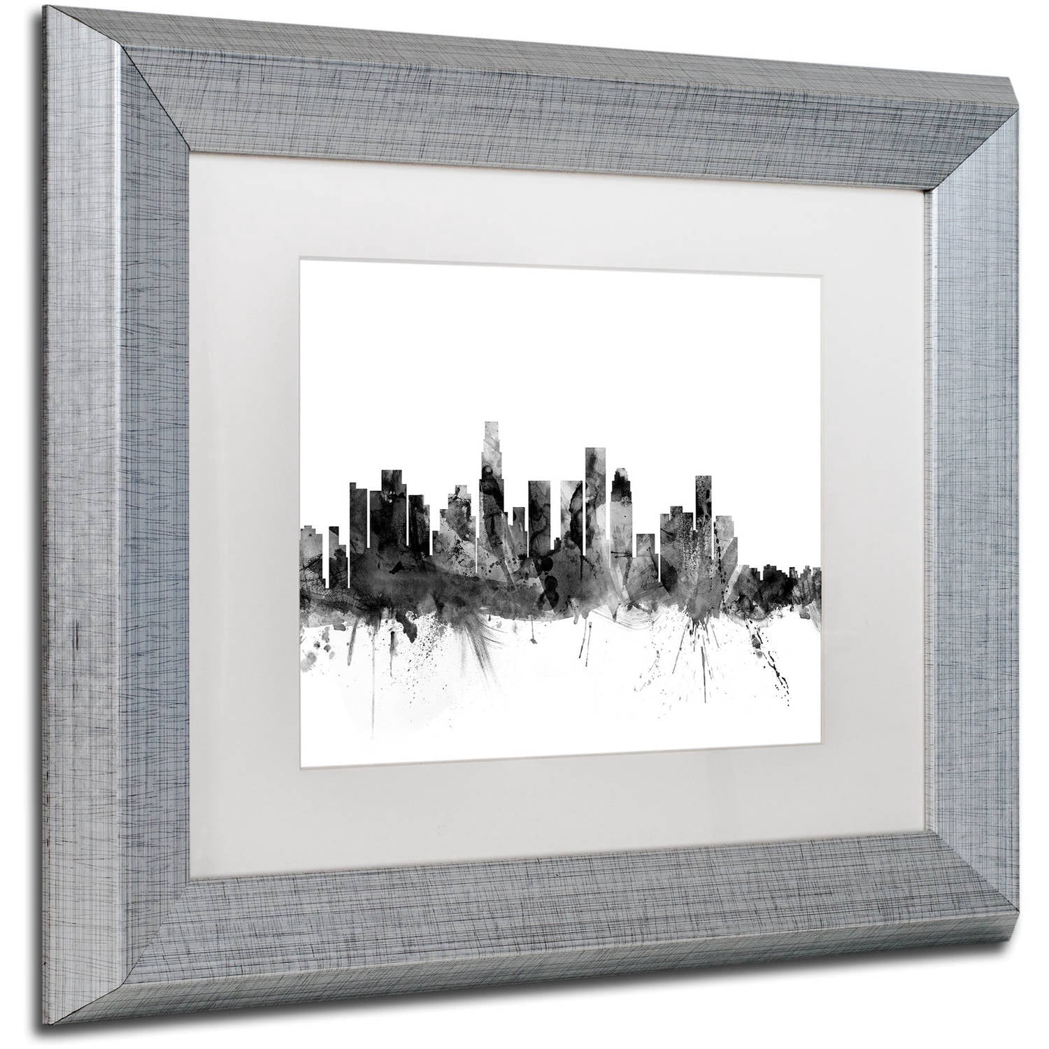 Trademark Fine Art "Los Angeles CA Skyline B&W" Canvas Art by Michael Tompsett, White Matte, Silver Frame