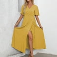 thumbnail image 4 of Aayomet Bodycon Dresses For Women Women's Short Sleeved V Neck Slit Slim Dress Summer Dress,Yellow L, 4 of 5