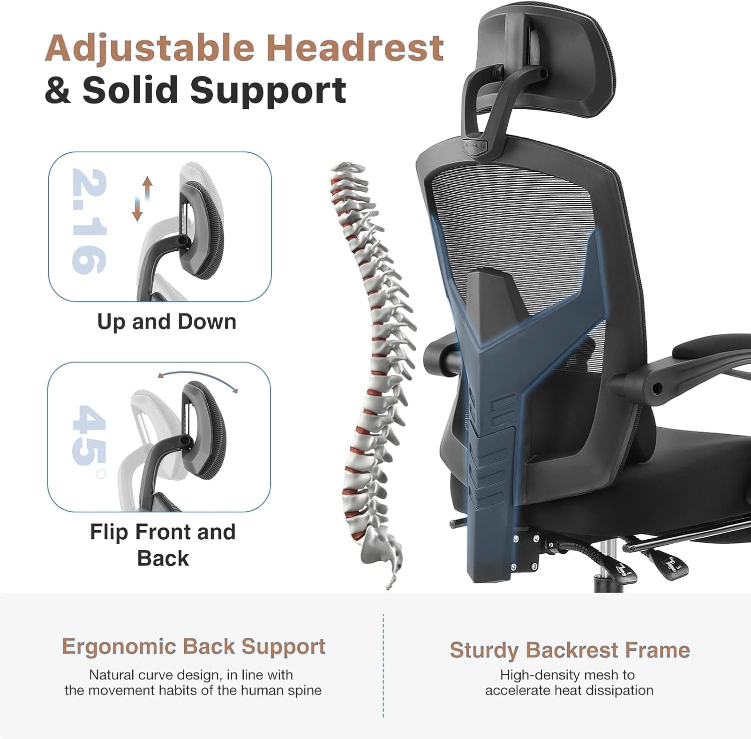 Office Computer Desk Chair, High-Back Ergonomic Mesh Swivel Chair with Lockable Recline, Adjustable Lumbar Support, Retractable Footrest & Padded Arms for Home Office, Study, and Gaming, Black