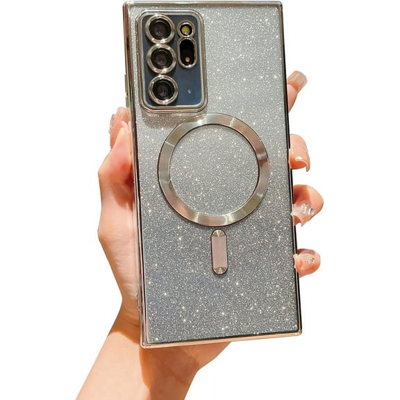Samsung Galaxy Note 20 Ultra 5g 6.9” Magnetic Case with Camera Lens Protector,Luxury Plated Bling Gradient Glitter Cover Compatible with MagSafe Soft Clear Shockproof Protective Case (Silver)