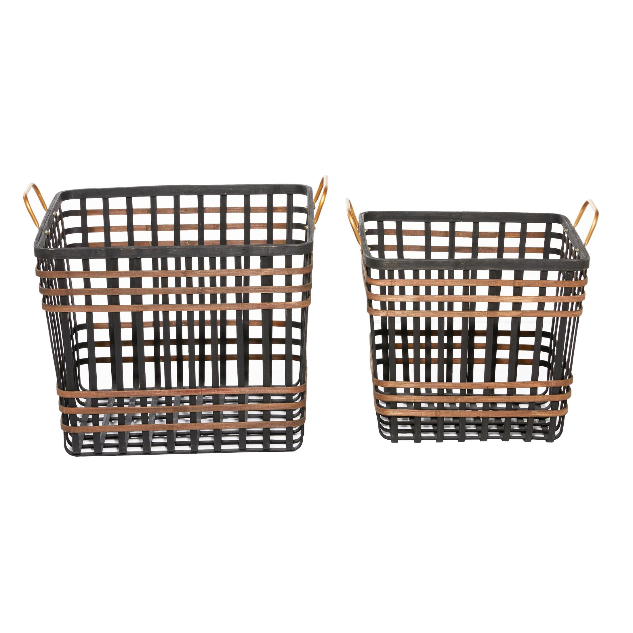 DecMode 14", 24"W Black Bamboo Wood Open Frame Square Storage Basket with Brown Accents, 2-Pieces