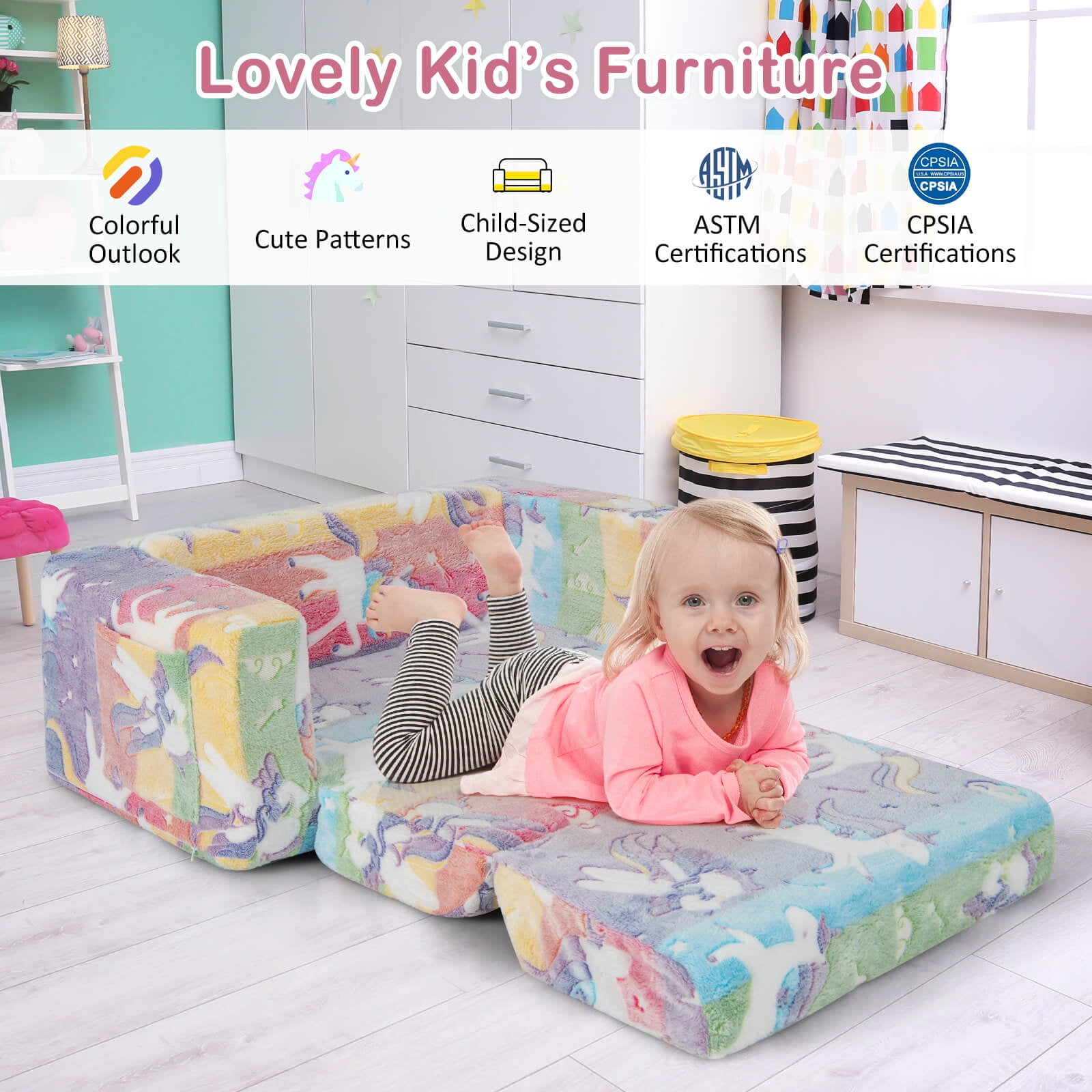 Infans 2-in-1 Flip Out Kid’s Sofa Chair Convertible Toddler Couch to Lounger
