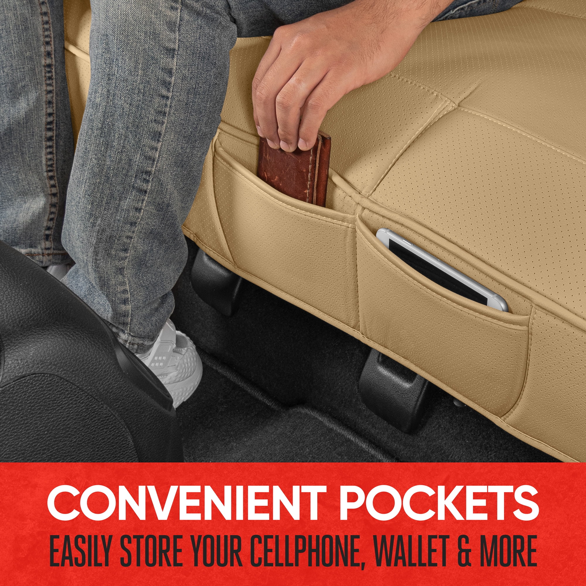 Motor Trend Faux Leather Padded Rear Bench Car Seat Cover, Storage Pockets Premium Cushion, Universal Fit Auto Interior, for Car Truck SUV Van, Beige