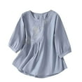 thumbnail image 3 of UVEASISHA Womens Cotton Linen Top 2025 Summer Retro Embroidered Gauze Tops 3/4 Sleeve Dressy Casual Beach Boho Blouse Blue L, 3 of 10