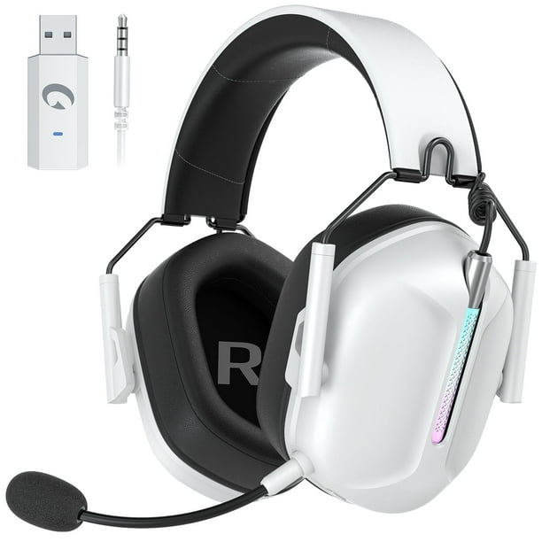 Ecomoment Auriculares Inalámbricos para Juegos Compatibles con PS5 Switch PC Mac, Auriculares para Juegos 2.4 GHz/Bluetooth 5.2 con Micrófono con Cancelación de Ruido Más de 40 Horas de Duración de la Batería, Cable de 3,5 Mm para Series Xbox, Blanco