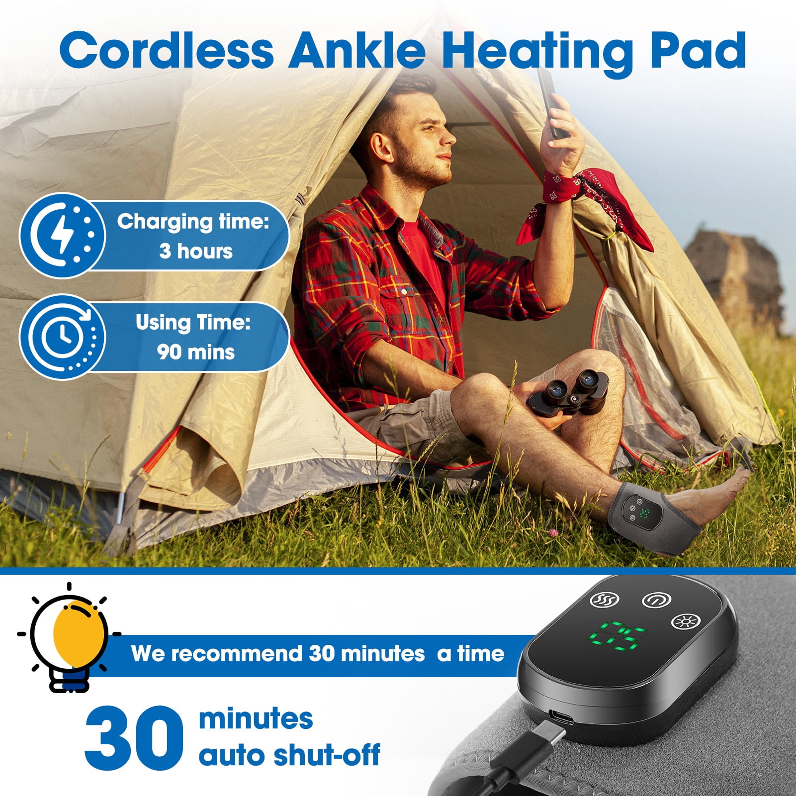 Ankle Heating Pad for Achilles Tendonitis, Heated Ankle Brace and Foot Massager for Relief, Foot Warmer, USB Wearable Foot Heating Pad with 5 Heat and 3 Vibration