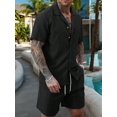 thumbnail image 4 of Men'S Camp Collar Jacquard Button Up Shirt and Drawstring Shorts Two Piece Outfit Black XL, 4 of 9