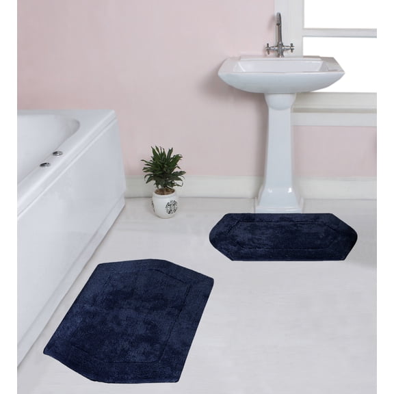Home Weavers Waterford Collection 100% Cotton Non-Slip Bathroom Rug Set Machine Washable Bath Rug-21"x34", Bathroom Rug- 24"x40", Navy Color 2 Piece Bath Rug set