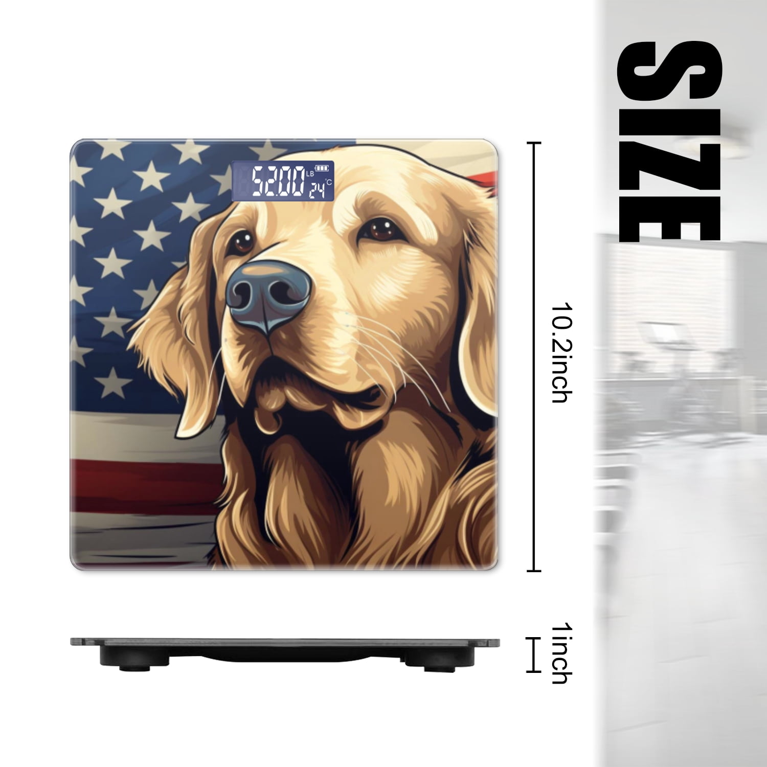 High Precision Body Weight Scale Smart Bathroom Scales with Large LCD Display(400lbs),Decorative for Bedroom-Golden Retriever In Front Of American Flag Background