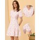 thumbnail image 2 of Vestido floral con volantes para mujer, cuello en V, manga corta abullonada, mini vestido escalonado blanco L, 2 of 6