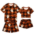 thumbnail image 4 of Halloween Pjs, Halloween Couple Matching Pajamas Set, Orange Plaid Ghost Pumpkin Full Print Short Sleeve Loungewear, Crop Top & Shorts Sleepwear, Cozy Spooky Holiday Nightwear for Summer Home Wear, L, 4 of 6