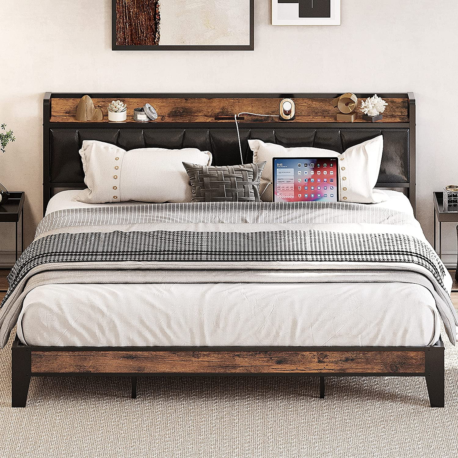 LIKIMIO King Bed Frame/Storage Headboard/Charging Station/Industrial