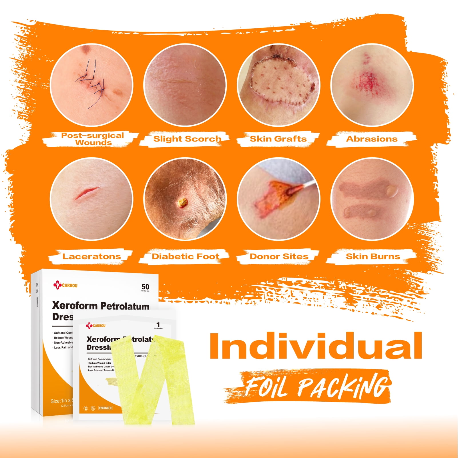 Carbou  Xeroform Petrolatum Dressing 1"x8", 50 Individual Pack, Non-Adherent Gauze Pads