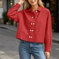 thumbnail image 4 of QIYAGBSA Shirts for Women Button Down Collared Long Sleeve Cropped Cotton Linen Blend Relaxed Fit Casual Everyday Wear (Red, L), 4 of 6