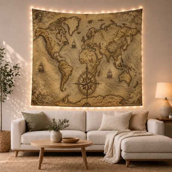 Vintage World Map With Compass Rose and Ships, Nostalgic Vintage Style for Travel Lovers, Map Wall Art, Graduation Gift, Tapestry Wall Hanging for Office and Study Room