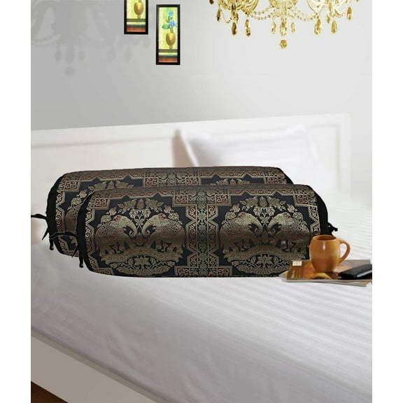 Stylo Culture Traditional Brocade Silk Decorative Bolster Pillow Covers For Diwan Set Black Gold Elephant Polydupion Cylindrical Neck Roll Tubular Banarsi Bolster Cases | (Set of 2) | 30x15 Inches