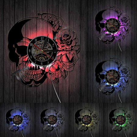 Tattoo Skull with Rose Wall Art Wall Clock Skeleton Skull Thorn Roses Vinyl Record Wall Clock Gothic Home Decor Wall Watch Clock With LED