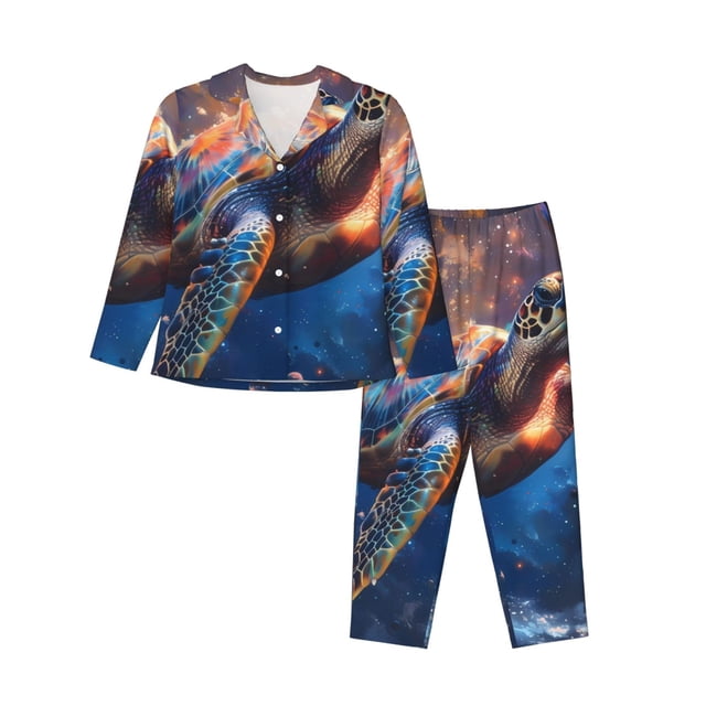 Fotbe Night Sky Turtle Conjunto de Pijama de Manga Larga para Mujer con Estampado, Ropa de Dormir de 2 Piezas, Conjunto de Casa Suave y Cómodo con Bolsillos-X-Large