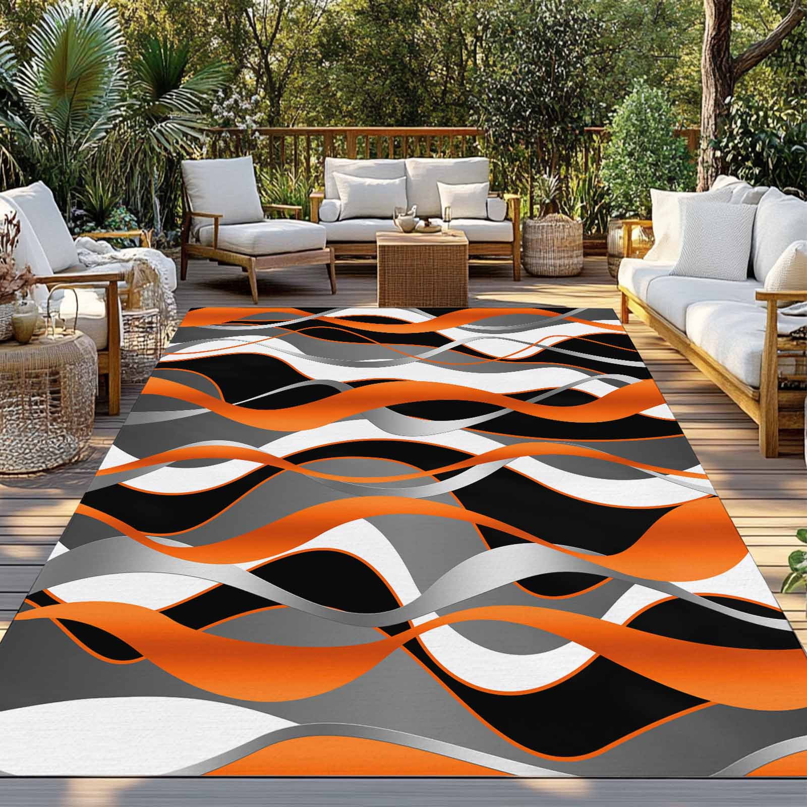 Fsddascl Abstract Stripes Outdoor Rug for Patio/Deck/Porch, Non-Slip Large Area Rug 5 x 8 Ft, Retro Modern Orange Black Gray Lines Indoor Outdoor Rugs Washable Area Rugs, Camping Rug Carpet