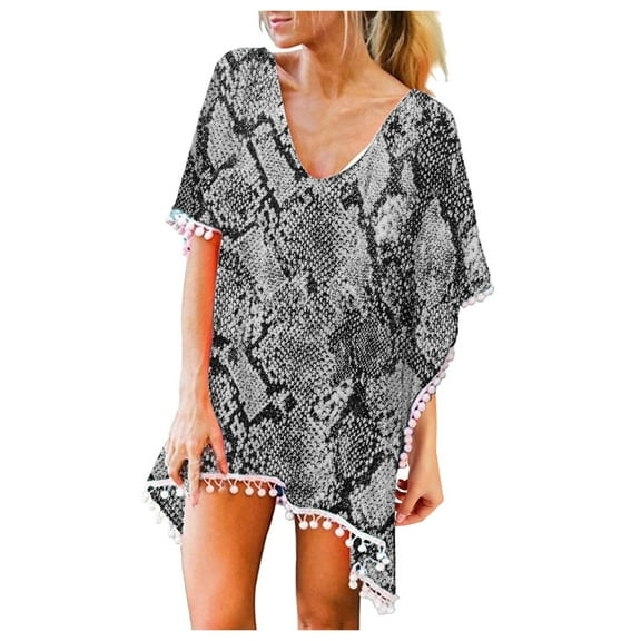 DOPI Women's Trim Kaftan Chiffon Tassels Swimwear Beach Loose Bikini Cover Up Tops