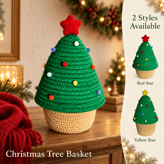 Wodellrrea Christmas Tree Storage Basket, Holiday Storage Bin, Knitted Organizer Basket with Red Star, Festive Open-Top Container for Wrapped Candy, Gifts, Desktop, Shelf and Home Decor