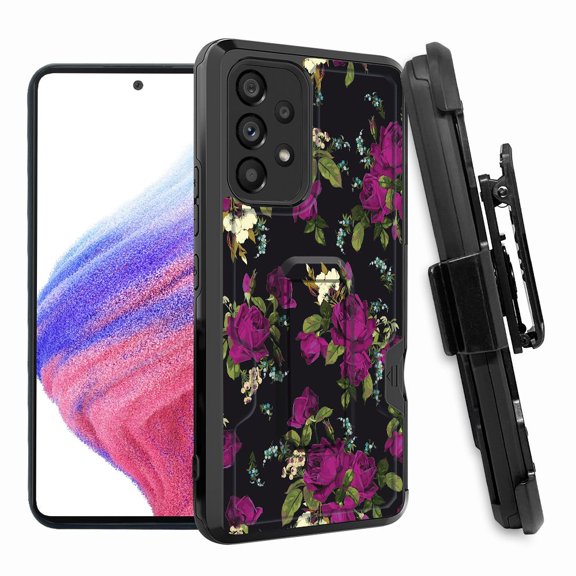 ANJ  Rugged Shockproof Hoster Case w/Card Slot, Kickstand   Tempered Glass Cover for Samsung Galaxy A33 5G - Oil Painting Roses
