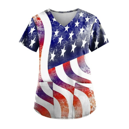 

Mlqidk 4th Of July Scrub Tops for Women American Flag Print Scrub Shirt Tops Short Sleeve V Neck Pocket Working Uniform 4th Of July Workwear White XXXXXL