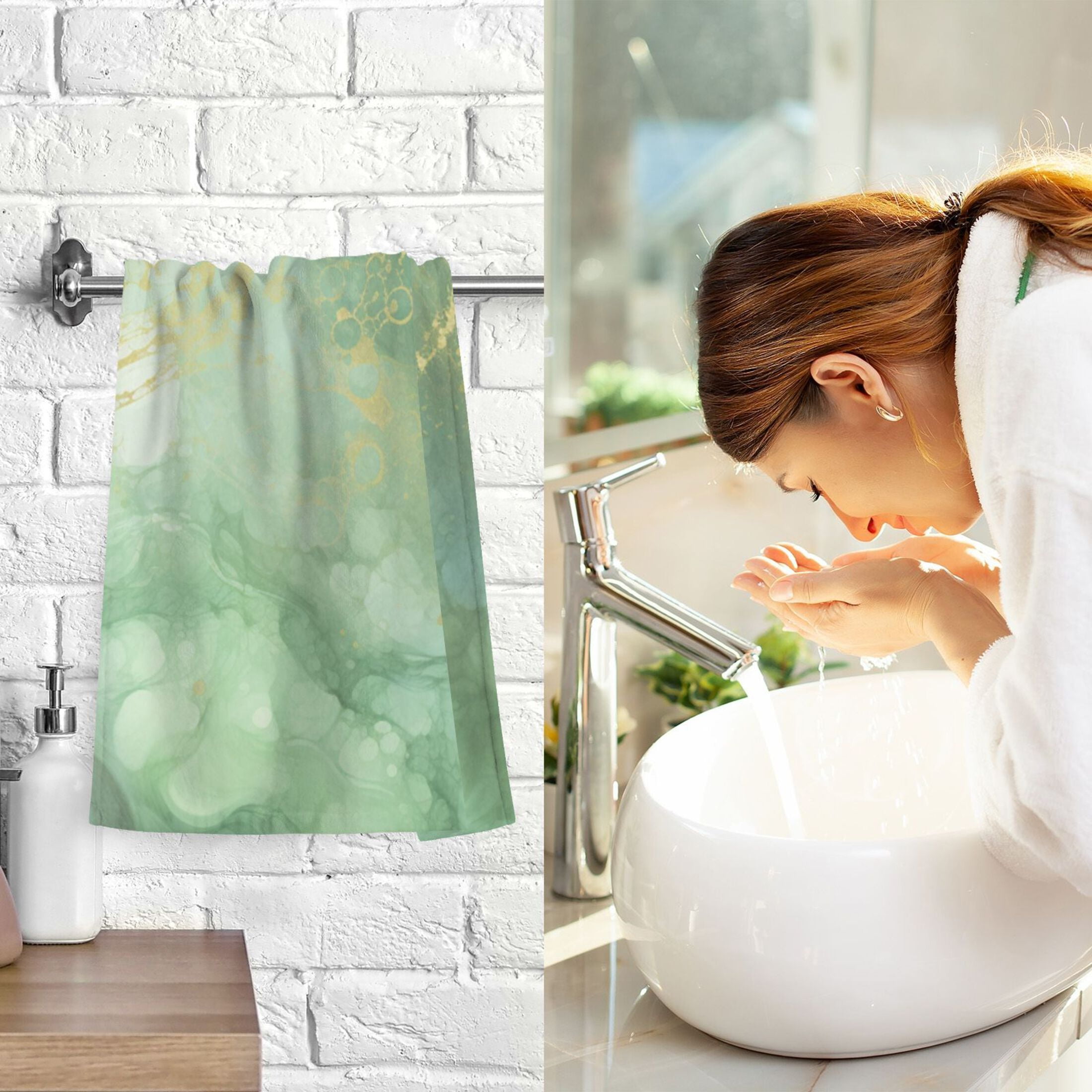 Emerald Green and Gold Marble Hand Towel Set 2 Pcs Cotton Absorbent Soft Face Towels Bath Towels for Bathroom Kitchen Shower Hotel Decor 16"x28"