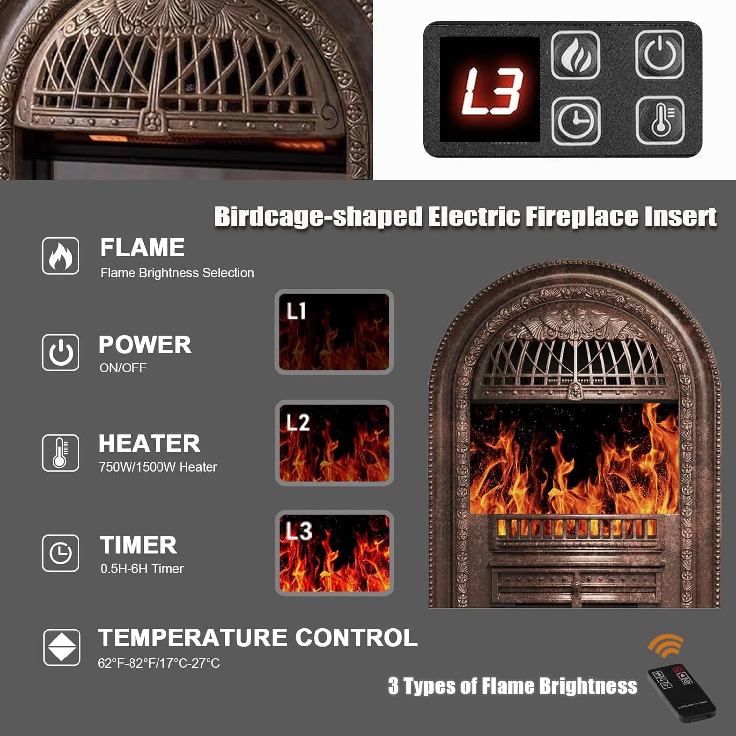 BOSHIRO Electric Fireplace with Mantel, 48 Inch Fireplace Tv Stand with Birdcage Fireplace Heater for Bedroom, Entryway Decor